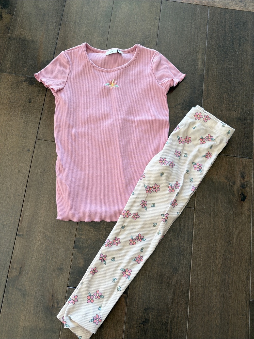 Girls Pink Short-Sleeve Floral Ribbed Pajama Set
